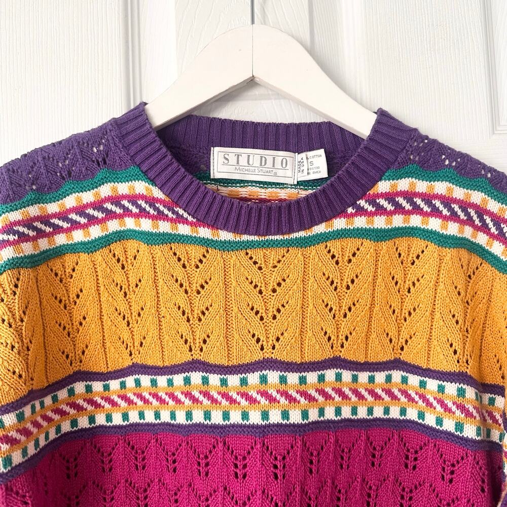 Studio Michelle Stuart USA Yellow Purple Pink Pointelle Stripe Sweater Small 80s - Picture 6 of 9